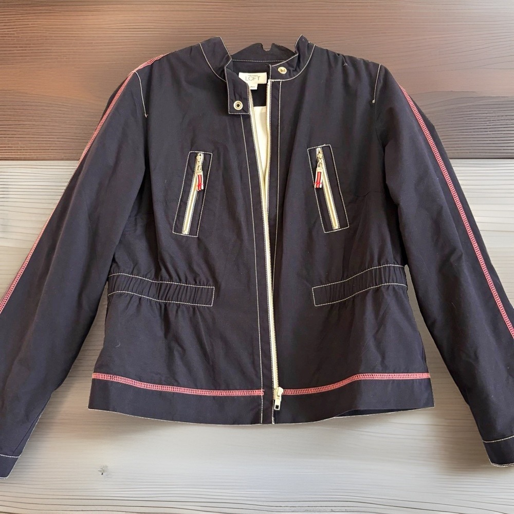 Ann Taylor LOFT Women's Black Full Zip Jacket Contrast Stitching Pockets Size L